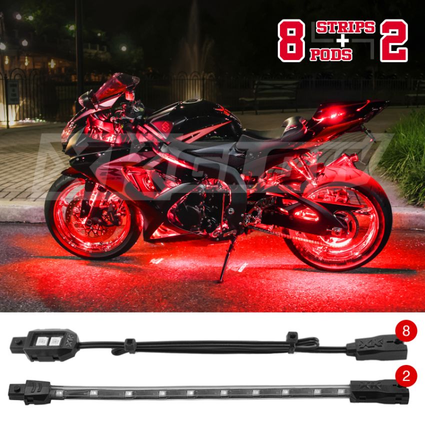 XKGLOW XK034001-R XK Glow Single Color  LED Accent Light Motorcycle Kit Red - 8xPod + 2x8InStrips