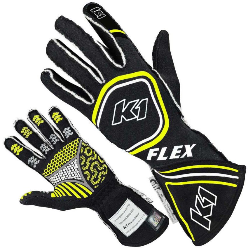 K1 RACEGEAR K1R23-FLX-NFY-L Glove Flex Large Black / Flo Yellow SFI / FIA