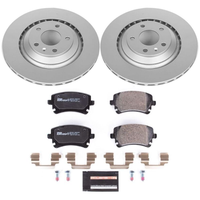 PowerStop ESK4567 Genuine Geomet Coated Rotors, ECE-R90 Brake Pads + Hardware Kit