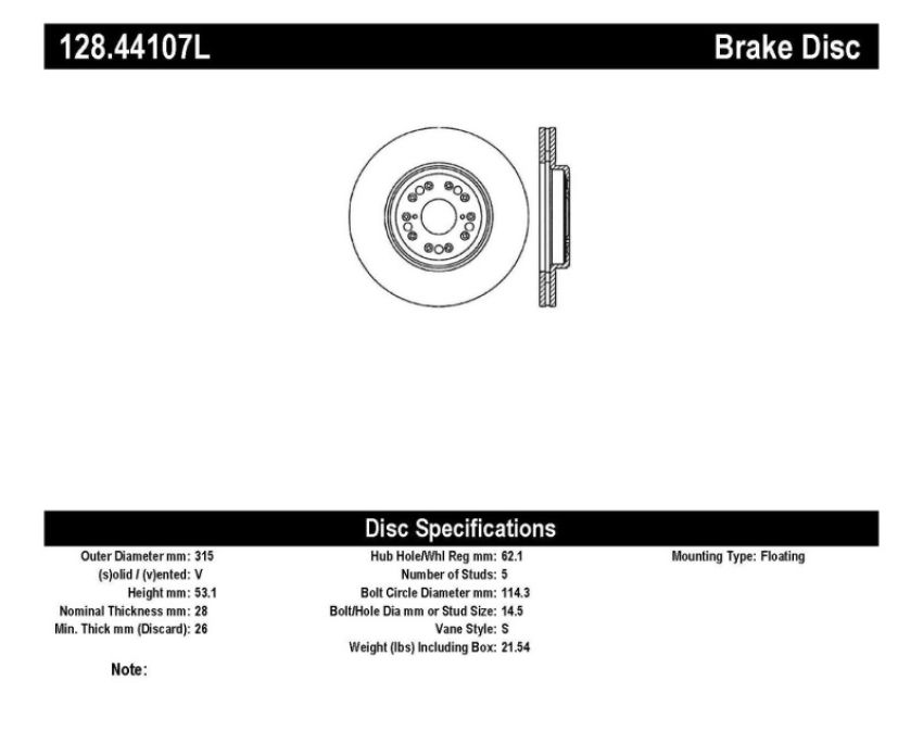 Stoptech 128.44107L Drilled Sport Brake Rotor