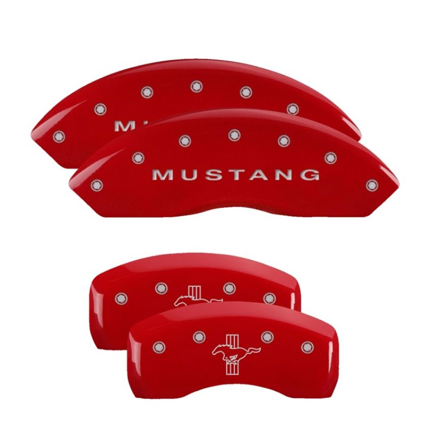 MGP 10017SMBPRD 4 Caliper Covers Engraved Front Mustang Engraved Rear Bar & Pony Red finish silver ch