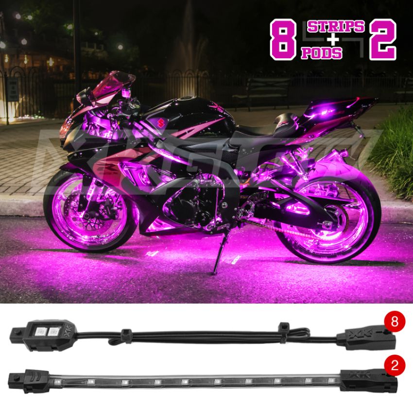 XKGLOW XK034001-P XK Glow Strips Single Color  LED Accent Light Motorcycle Kit Pink - 8xPod + 2x8In