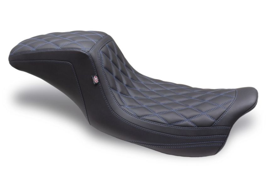 Mustang Motorcycle 75299SB Mustang 08-24 HD FL Touring Double Diamond Squareback 1PC Seat - Black w/ Blue Stitching