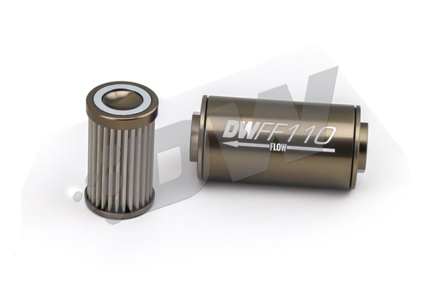 DeatschWerks Stainless Steel 8AN 10 Micron Universal Inline Fuel Filter Housing Kit (110mm)