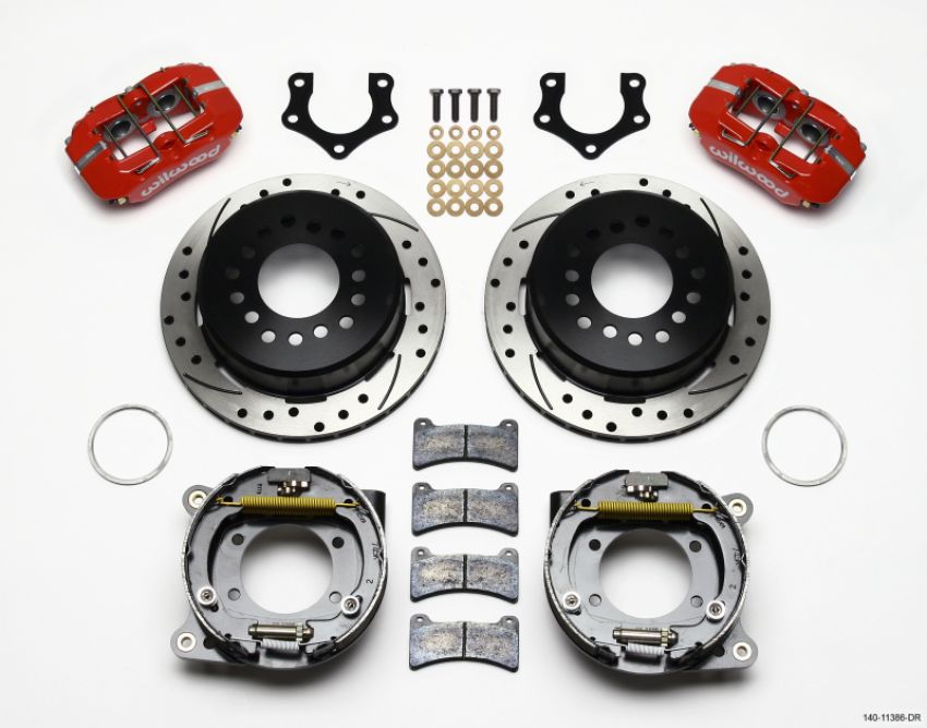 Wilwood 140-11386-DR Dynapro Low-Profile 11.00in P-Brake Kit Drill-Red Mopar/Dana 2.50in Off w/Snap Ring Brng