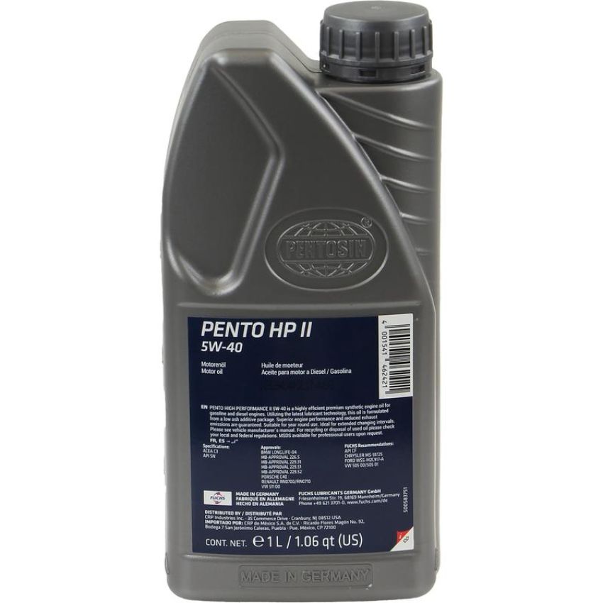CRP PRODUCTS 8042107 Pentosin HP II 5W-40 Synthetic Motor Oil exceeds service class API SM ACEA A3,B4