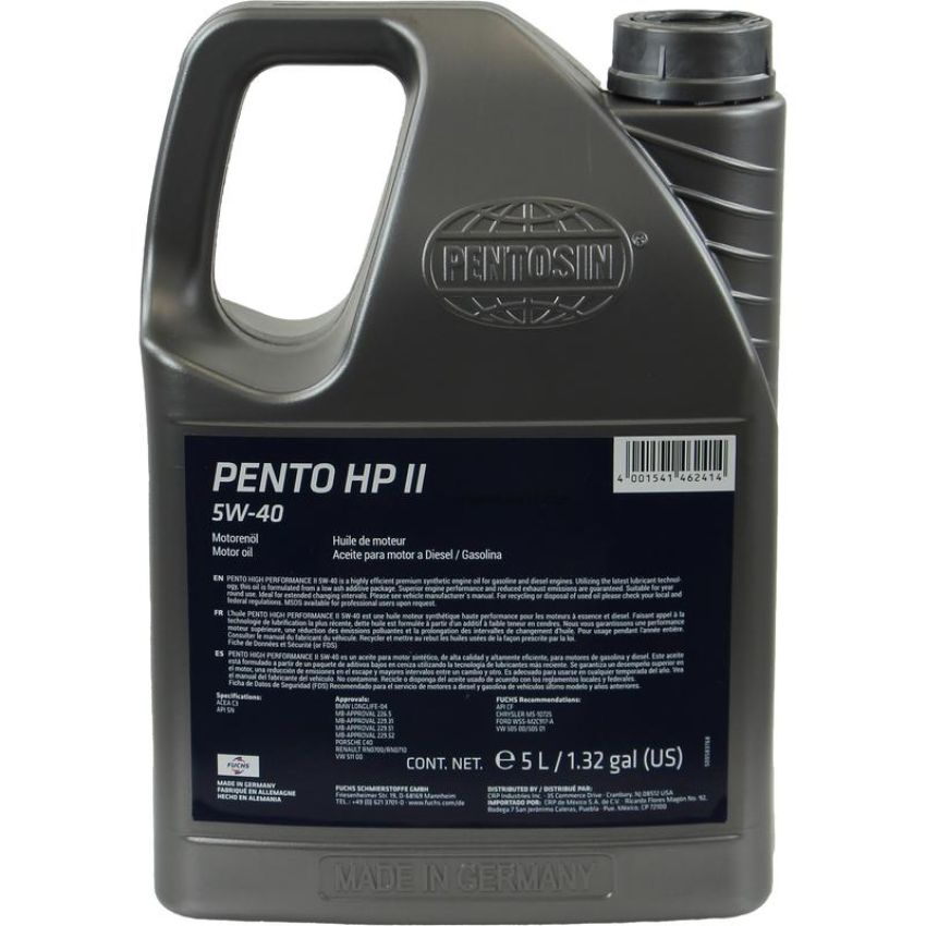 CRP PRODUCTS 8042206 Pentosin HP II 5W-40 Synthetic Motor Oil exceeds service class API SM ACEA A3,B4