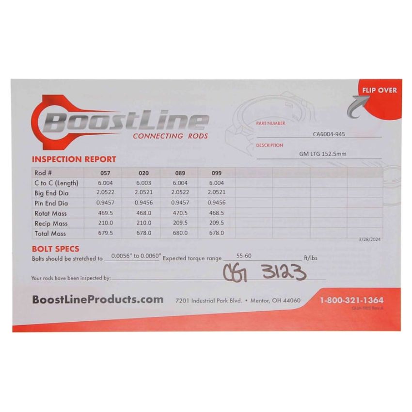 Boostline CA6004945 Connecting Rod Set, Cadillac LTG, 152.50 mm Length, ARP2000, Set of 4