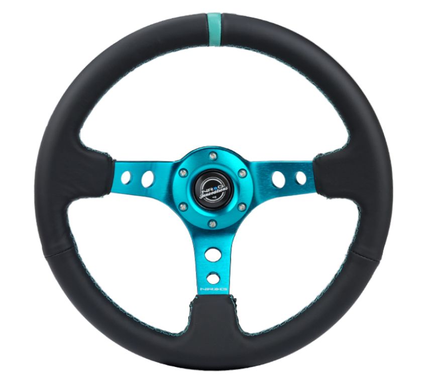 NRG RST-006TL Reinforce Steering Wheel (350mm / 3in. Deep) Blk Leather, Teal Center Mark w/ Teal Stitching