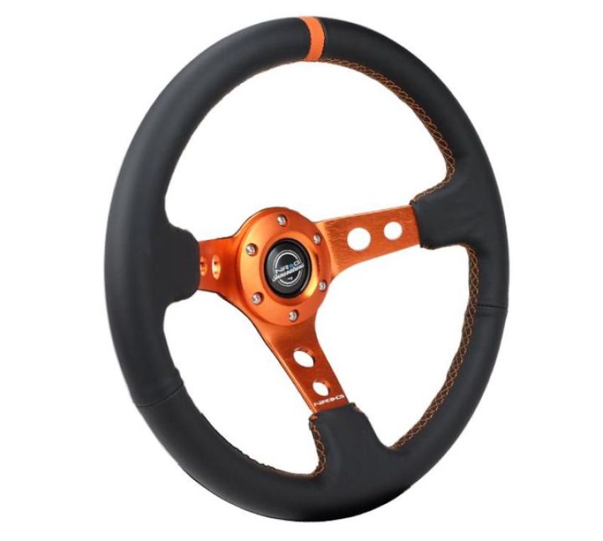 NRG RST-006OR Reinforce Steering Wheel (350mm / 3in. Deep) Blk Leather, Orange Center Mark w/ Orange Stitching