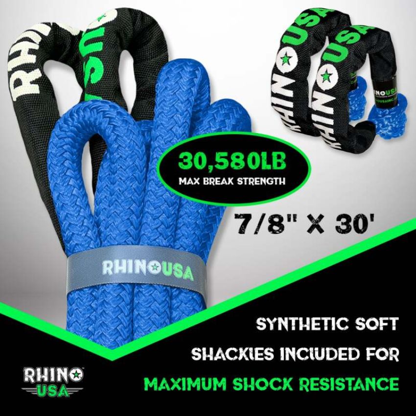 Rhino USA RG-KRKIT78X30-BLU 7/8In X 30Ft Kinetic Rope Recovery Kit W/Soft Shackles (Blue)