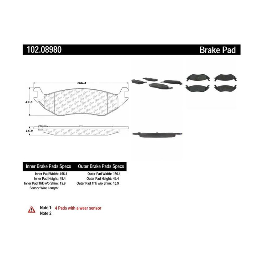 CENTRIC PARTS 102.08980 C-Tek Semi-Metallic Brake Pads with Shims