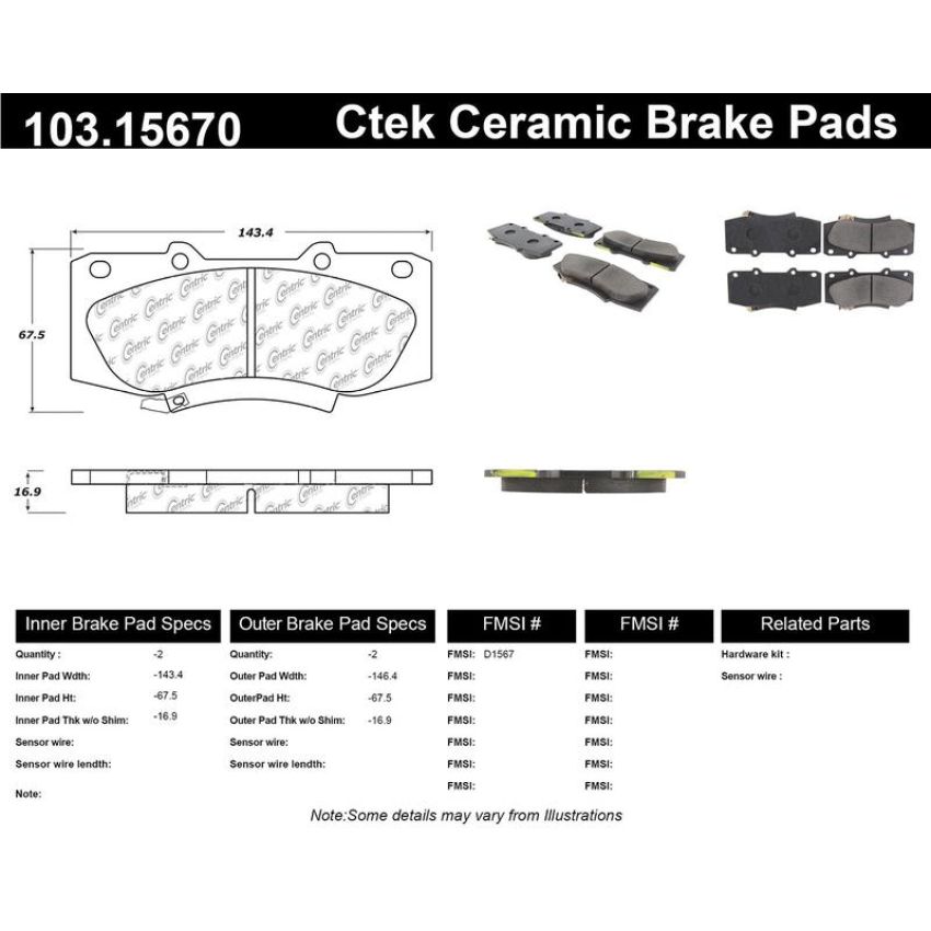 CENTRIC PARTS 103.15670 C-Tek Ceramic Brake Pads with Shims