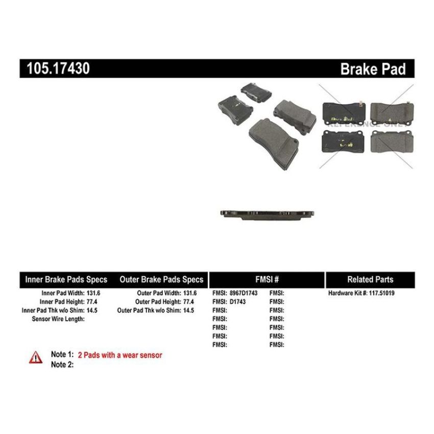 CENTRIC PARTS 105.17430 Posi Quiet Ceramic Brake Pads with Shims and Hardware