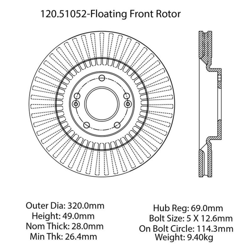 CENTRIC PARTS 120.51052 Centric Premium Brake Rotor