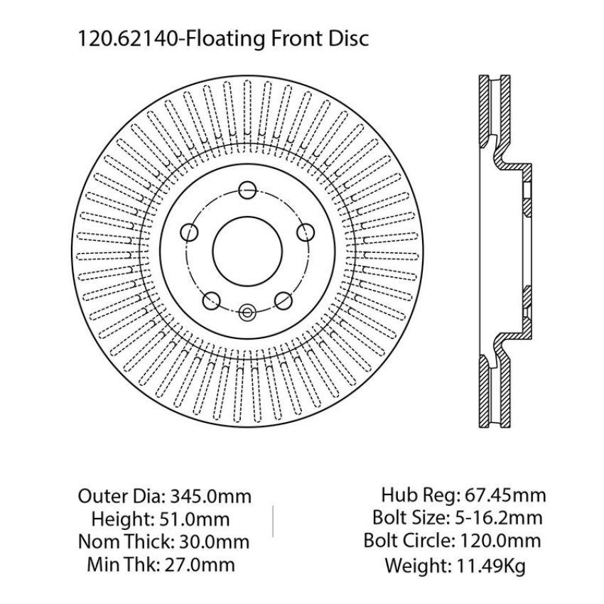 CENTRIC PARTS 120.62140 Centric Premium Brake Rotor