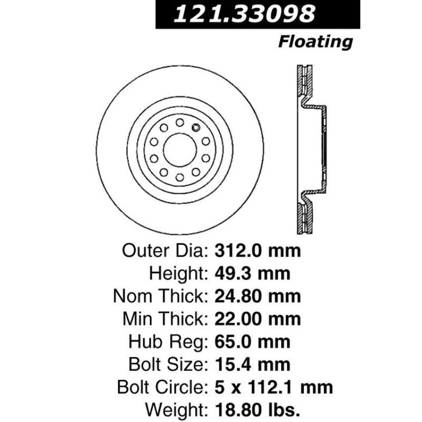 CENTRIC PARTS 121.33098 C-Tek Standard Brake Rotor