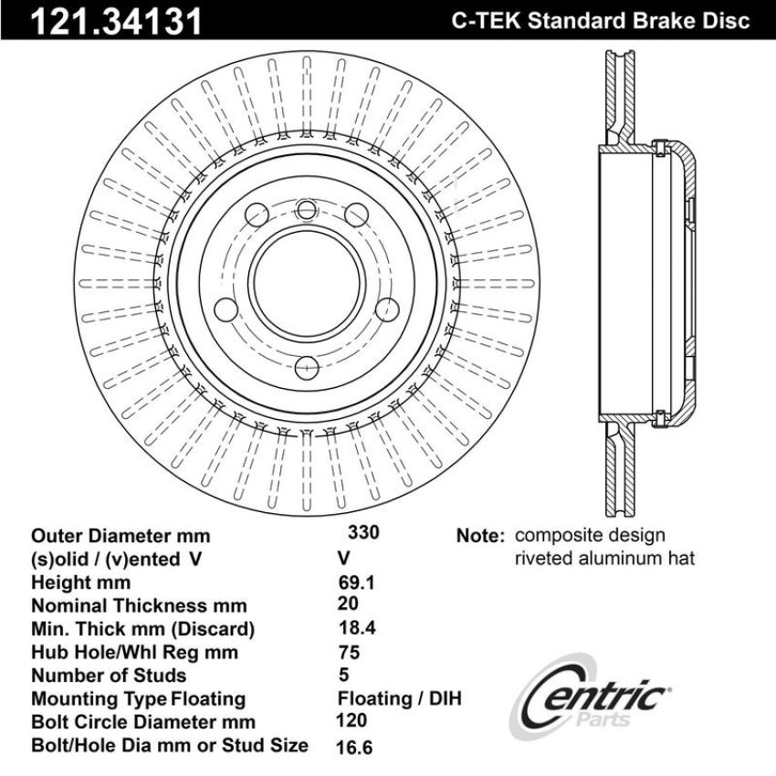 CENTRIC PARTS 121.34131 C-Tek Standard Brake Rotor