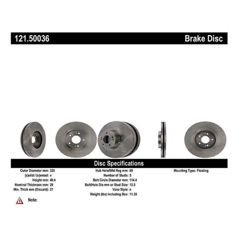 CENTRIC PARTS 121.50036 C-Tek Standard Brake Rotor