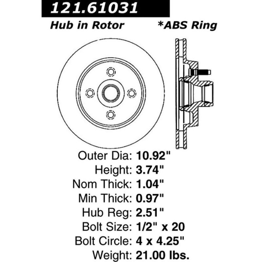 CENTRIC PARTS 121.61031 C-Tek Standard Brake Rotor
