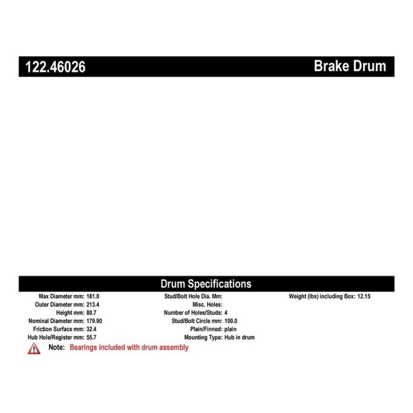 CENTRIC PARTS 122.46026 Centric Premium Brake Drum