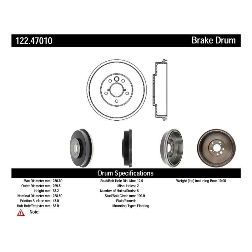 CENTRIC PARTS 122.47010 Centric Premium Brake Drum