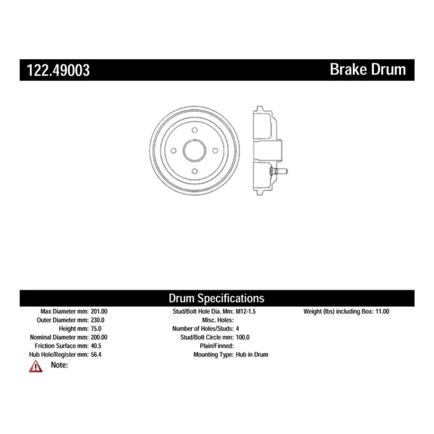CENTRIC PARTS 122.49003 Centric Premium Brake Drum