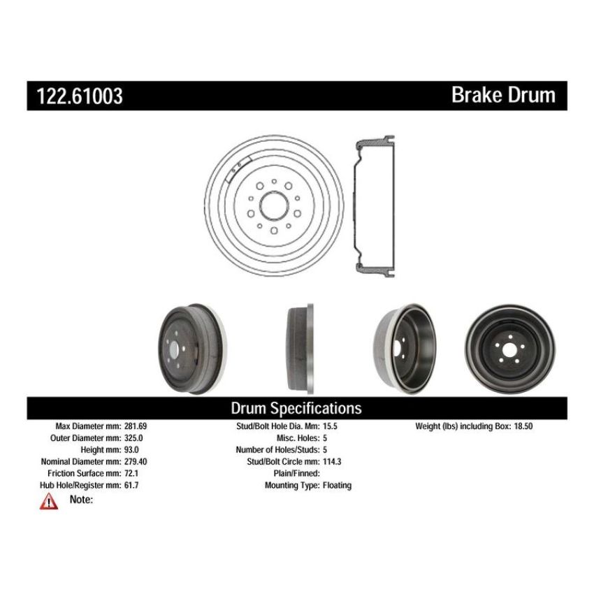 CENTRIC PARTS 122.61003 Centric Premium Brake Drum