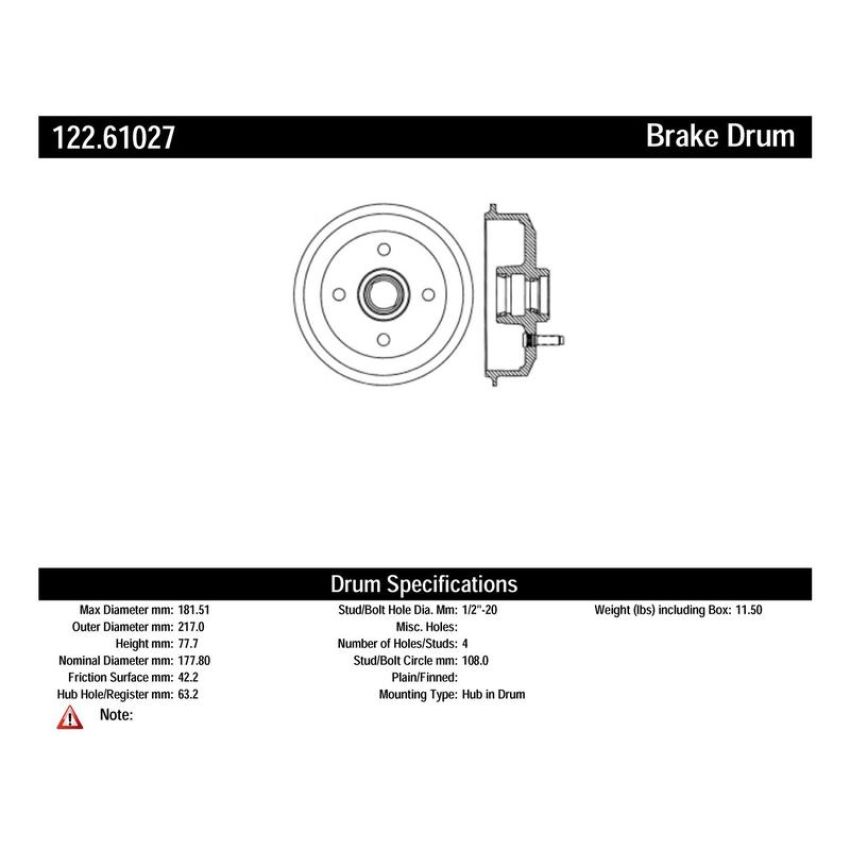 CENTRIC PARTS 122.61027 Centric Premium Brake Drum