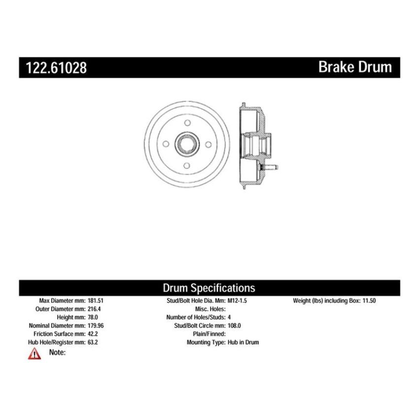 CENTRIC PARTS 122.61028 Centric Premium Brake Drum