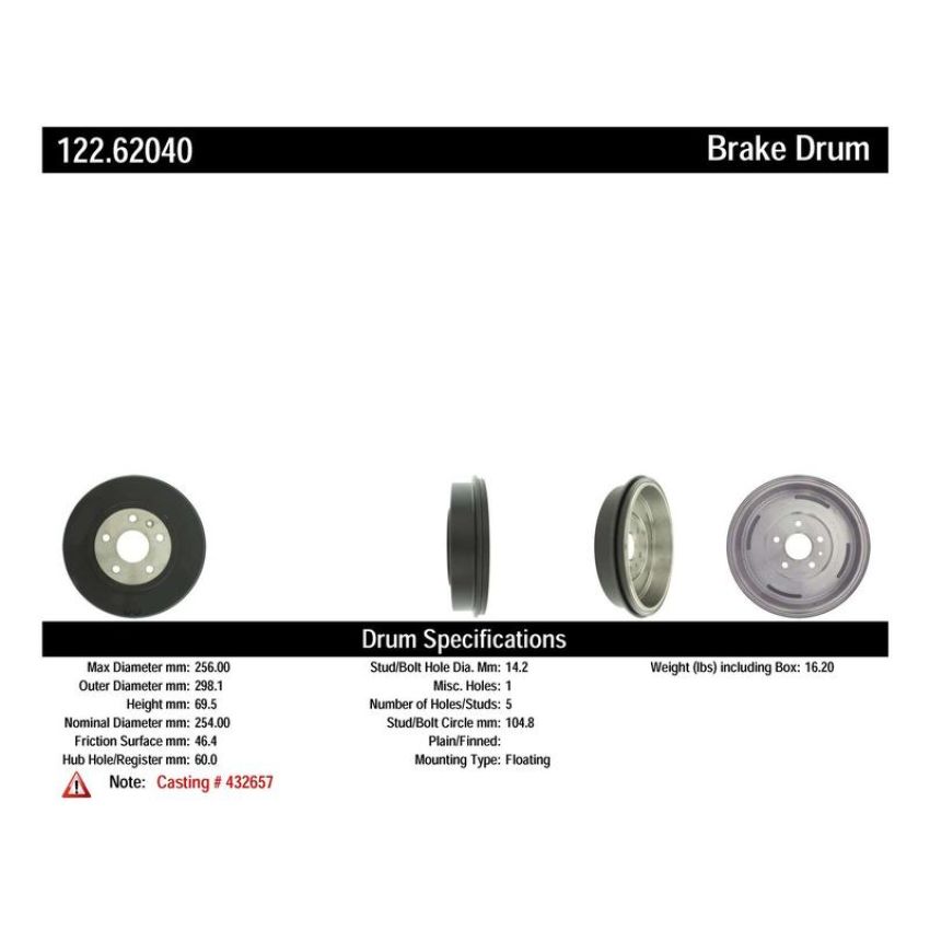 CENTRIC PARTS 122.62040 Centric Premium Brake Drum