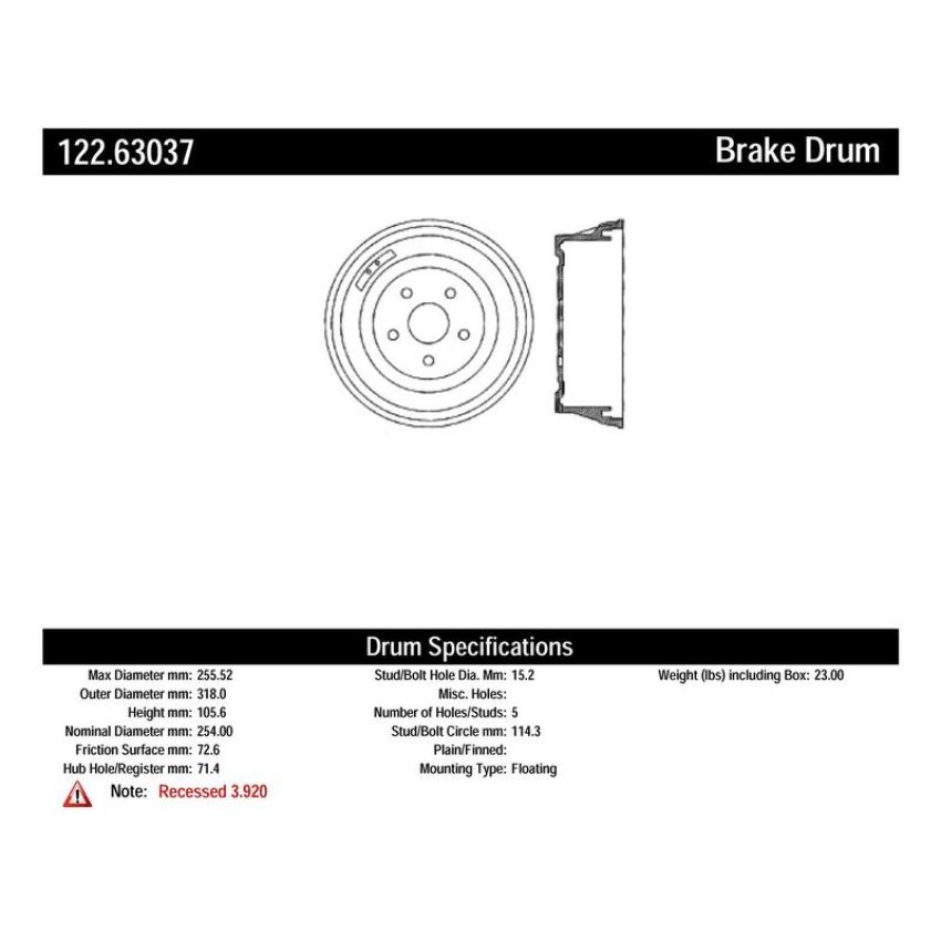 CENTRIC PARTS 122.63037 Centric Premium Brake Drum