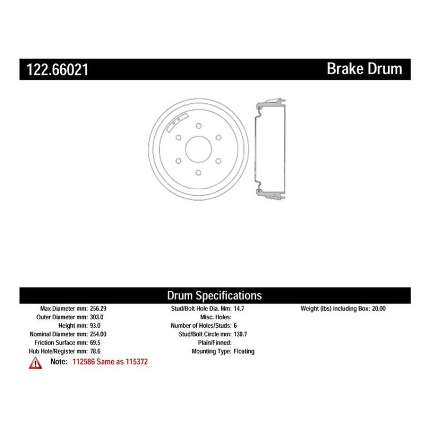CENTRIC PARTS 122.66021 Centric Premium Brake Drum