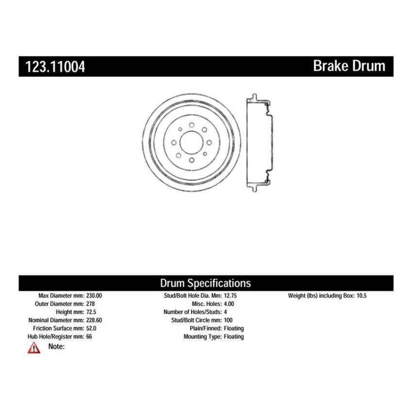 CENTRIC PARTS 123.11004 C-Tek Standard Brake Drum