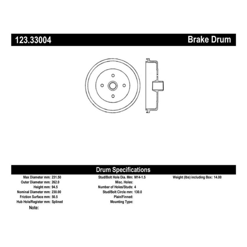 CENTRIC PARTS 123.33004 C-Tek Standard Brake Drum
