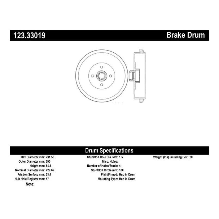 CENTRIC PARTS 123.33019 C-Tek Standard Brake Drum