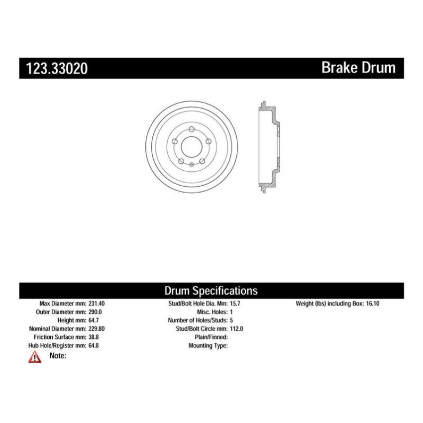 CENTRIC PARTS 123.33020 C-Tek Standard Brake Drum