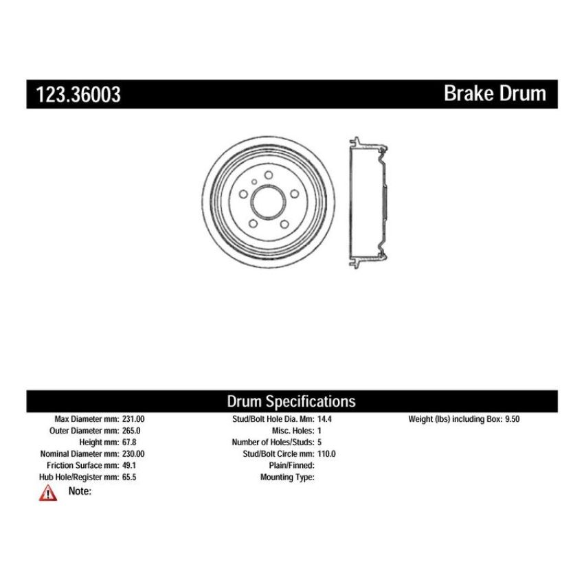 CENTRIC PARTS 123.36003 C-Tek Standard Brake Drum