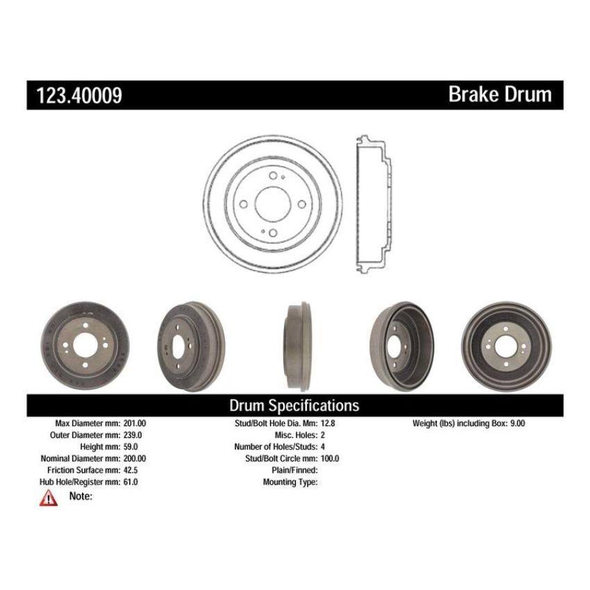CENTRIC PARTS 123.40009 C-Tek Standard Brake Drum