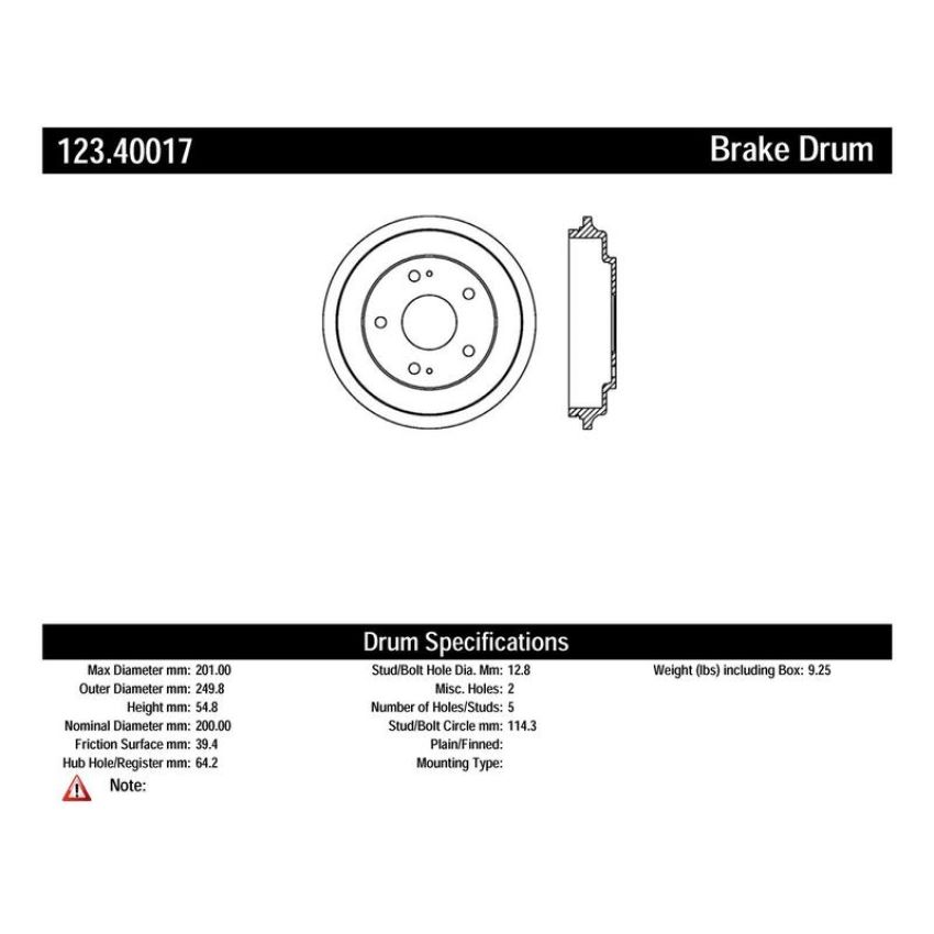 CENTRIC PARTS 123.40017 C-Tek Standard Brake Drum
