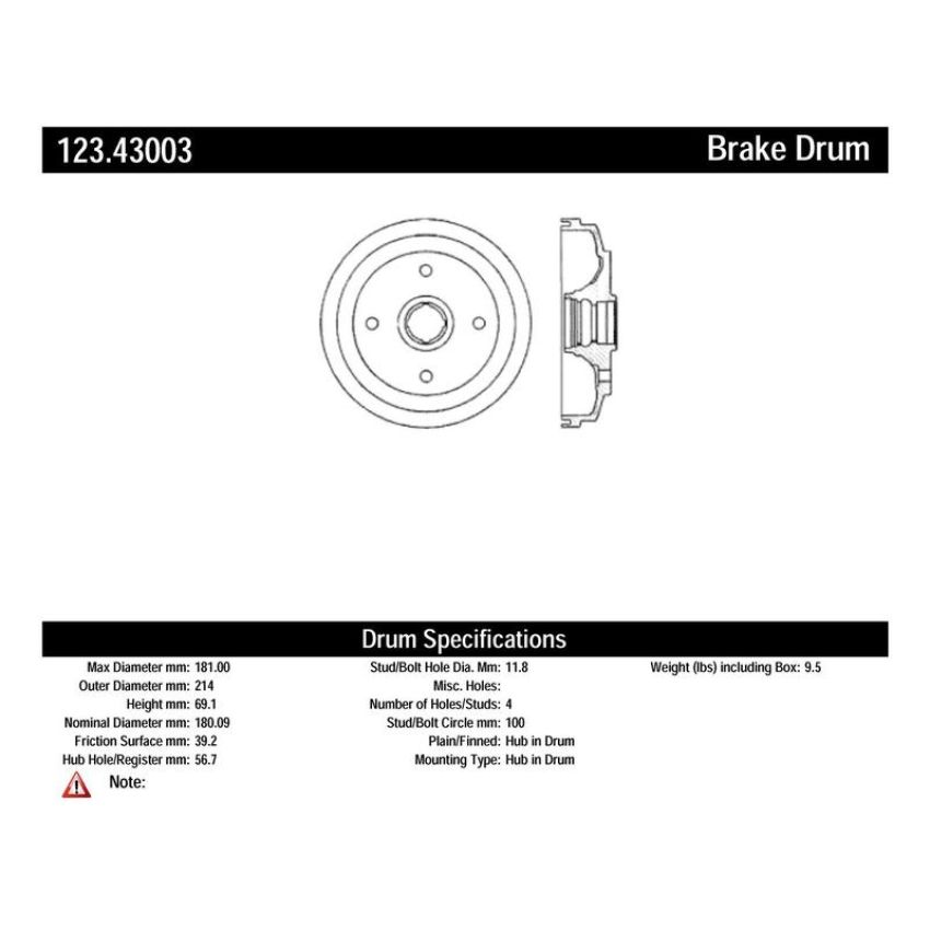 CENTRIC PARTS 123.43003 C-Tek Standard Brake Drum