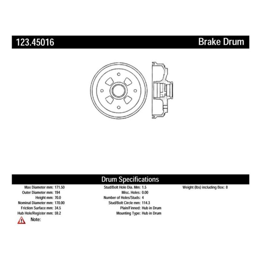 CENTRIC PARTS 123.45016 C-Tek Standard Brake Drum