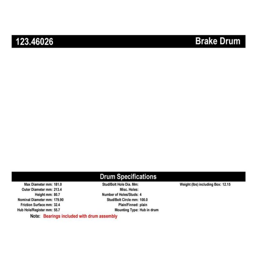 CENTRIC PARTS 123.46026 C-Tek Standard Brake Drum