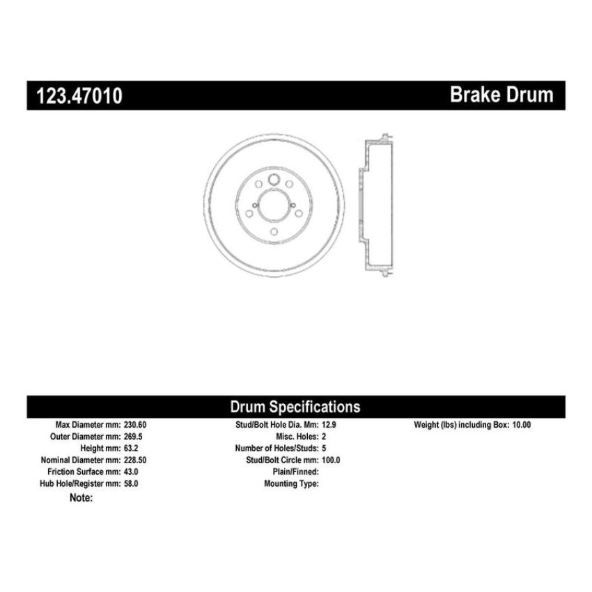 CENTRIC PARTS 123.47010 C-Tek Standard Brake Drum