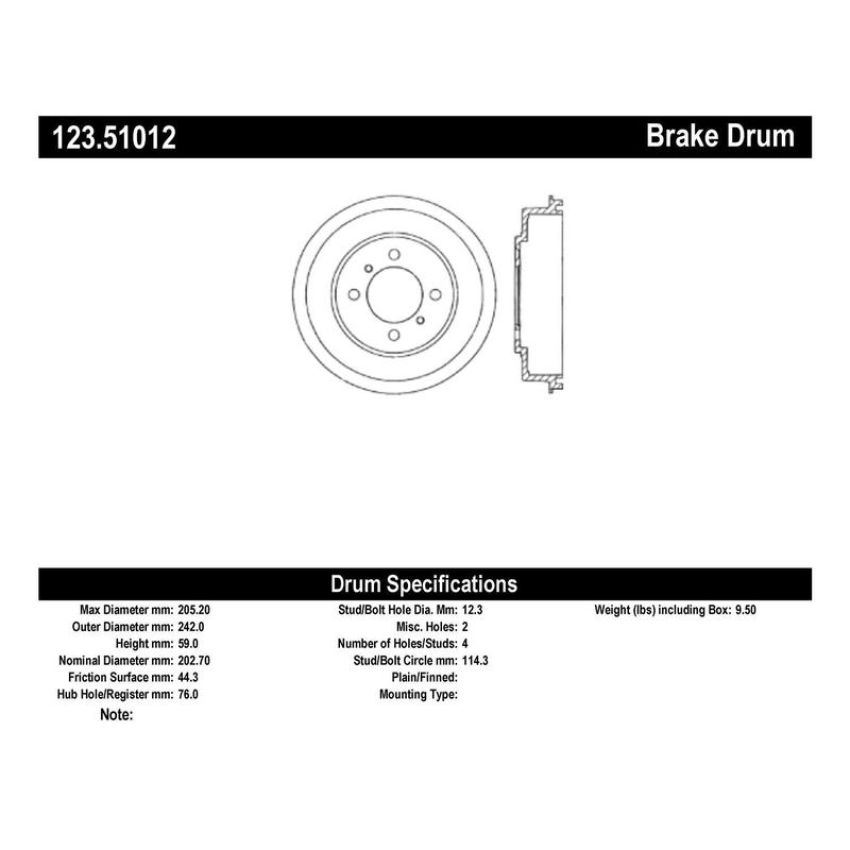 CENTRIC PARTS 123.51012 C-Tek Standard Brake Drum