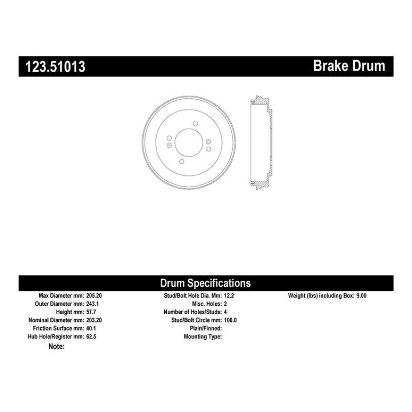 CENTRIC PARTS 123.51013 C-Tek Standard Brake Drum