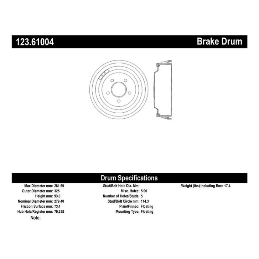 CENTRIC PARTS 123.61004 C-Tek Standard Brake Drum
