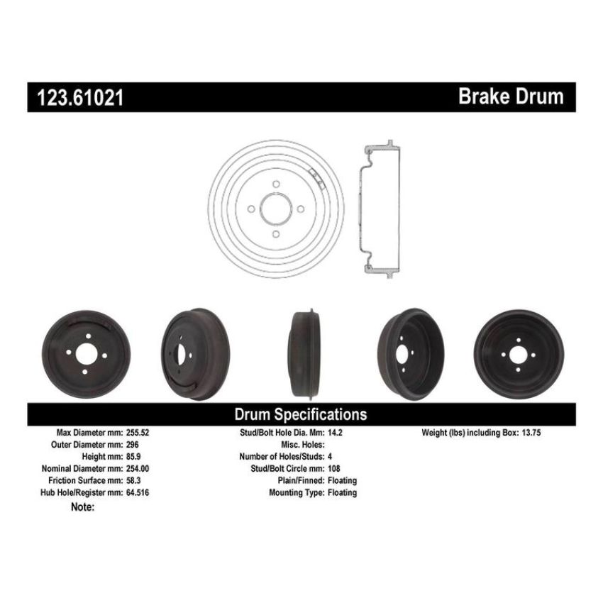 CENTRIC PARTS 123.61021 C-Tek Standard Brake Drum