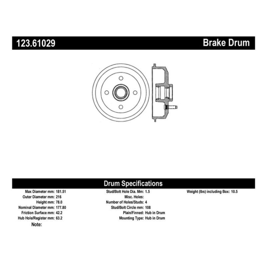 CENTRIC PARTS 123.61029 C-Tek Standard Brake Drum