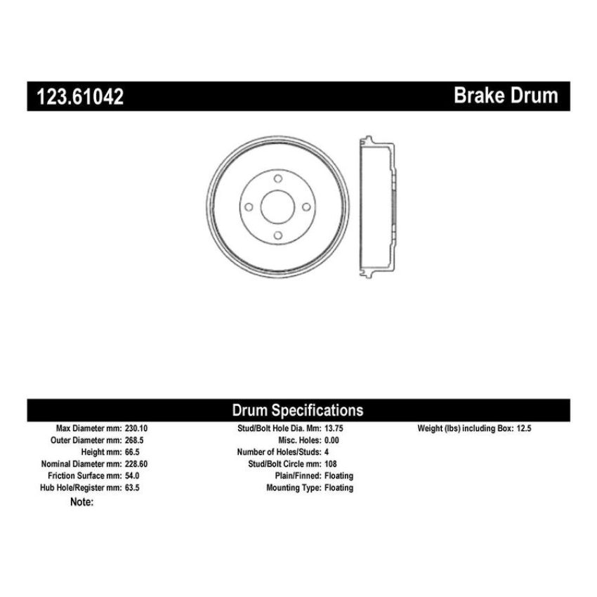 CENTRIC PARTS 123.61042 C-Tek Standard Brake Drum